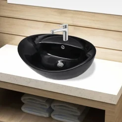 Keramik Waschbecken Hahnloch/Überlaufloch schwarz oval