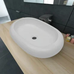 Keramik Waschtisch Waschbecken Oval Weiß 63 x 42 cm