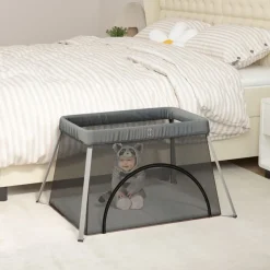 vidaXL Baby-Laufstall mit Matratze Dunkelgrau Leinenstoff