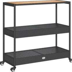vidaXL Barwagen 3 Böden Schwarz Poly Rattan und Massivholz Akazie