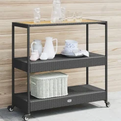 vidaXL Barwagen 3 Böden Schwarz Poly Rattan und Massivholz Akazie