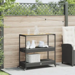 vidaXL Barwagen 3 Böden Schwarz Poly Rattan und Massivholz Akazie