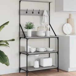 vidaXL Bäckerregal mit Haken 4 Böden Grau Sonoma Holzwerkstoff