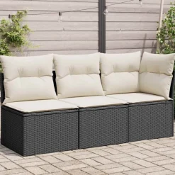 vidaXL Gartensofa mit Kissen 3-Sitzer Schwarz Poly Rattan