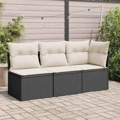 vidaXL Gartensofa mit Kissen 3-Sitzer Schwarz Poly Rattan