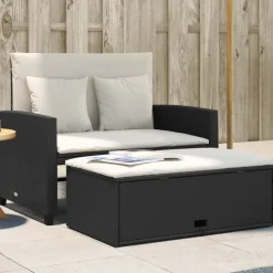 vidaXL Gartensofa mit Kissen 2-Sitzer Schwarz Poly Rattan