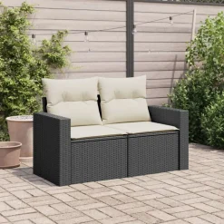 vidaXL Gartensofa mit Kissen 2-Sitzer Schwarz Poly Rattan