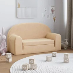 vidaXL 2-Sitzer Kindersofa mit Schlaffunktion Creme Weicher Plüsch