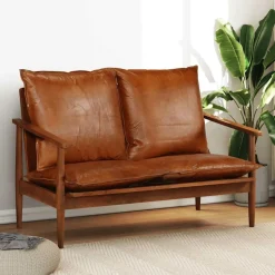 vidaXL 2-Sitzer-Sofa Echtleder Akazienholz Braun