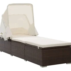 vidaXL Sonnenliege mit Sonnenschutz und Auflagen Poly Rattan Braun