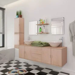vidaXL 11-tlg. Badmöbel-Set mit Waschbecken und Wasserhahn Beige
