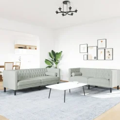 vidaXL 2-tlg. Chesterfield-Sofa-Set mit Nackenrollen Hellgrau Samt