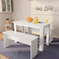 vidaXL 3-tlg. Essgruppe Tisch und Bänke Holzwerkstoff Weiß