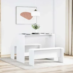 vidaXL 3-tlg. Esstisch und Bank Set Weiß Holzwerkstoff