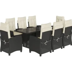 vidaXL 9-tlg. Garten-Essgruppe mit Kissen Schwarz Poly Rattan