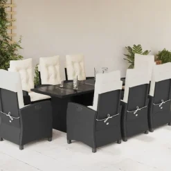 vidaXL 9-tlg. Garten-Essgruppe mit Kissen Schwarz Poly Rattan