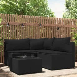 vidaXL 4-tlg. Garten-Lounge-Set mit Kissen Schwarz Poly Rattan