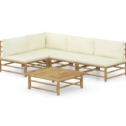 vidaXL 5-tlg. Garten-Lounge-Set mit Cremeweißen Kissen Bambus