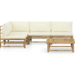 vidaXL 5-tlg. Garten-Lounge-Set mit Cremeweißen Kissen Bambus
