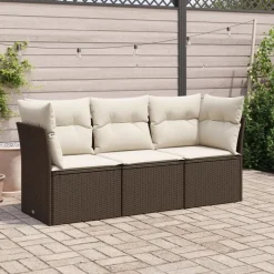 vidaXL 3-tlg. Garten-Sofagarnitur mit Kissen Braun Poly Rattan