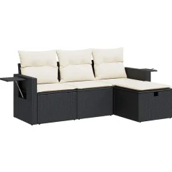 vidaXL 4-tlg. Garten-Sofagarnitur mit Kissen Schwarz Poly Rattan
