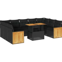 vidaXL 10-tlg. Garten-Sofagarnitur mit Kissen Schwarz Poly Rattan