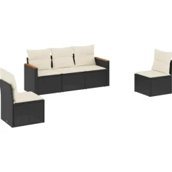 vidaXL 5-tlg. Garten-Sofagarnitur mit Kissen Schwarz Poly Rattan