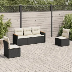 vidaXL 5-tlg. Garten-Sofagarnitur mit Kissen Schwarz Poly Rattan