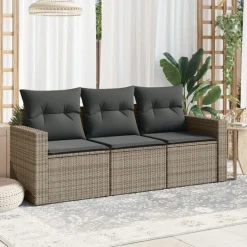 vidaXL 3-tlg. Garten-Sofagarnitur mit Kissen Grau Poly Rattan