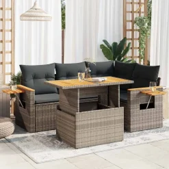 vidaXL 5-tlg. Garten-Sofagarnitur mit Kissen Grau Poly Rattan Akazie