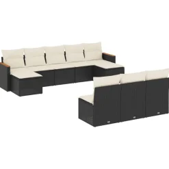 vidaXL 10-tlg. Garten-Sofagarnitur mit Kissen Schwarz Poly Rattan