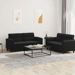 vidaXL 2-tlg. Sofagarnitur mit Kissen Schwarz Mikrofasergewebe