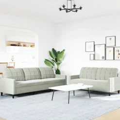 vidaXL 2-tlg. Sofagarnitur mit Kissen Hellgrau Samt