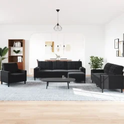 vidaXL 4-tlg. Sofagarnitur mit Kissen und Nackenrollen Schwarz Samt