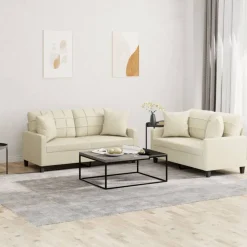 vidaXL 2-tlg. Sofagarnitur mit Kissen Creme Kunstleder