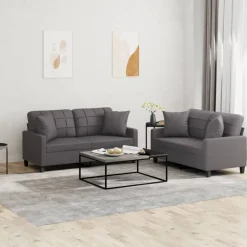 vidaXL 2-tlg. Sofagarnitur mit Kissen Grau Kunstleder