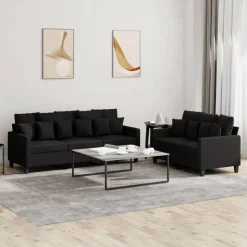 vidaXL 2-tlg. Sofagarnitur mit Kissen Schwarz Stoff