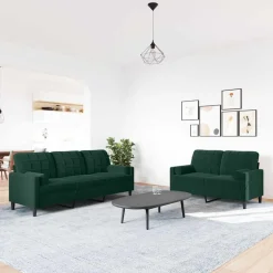 vidaXL 2-tlg. Sofagarnitur mit Kissen und Nackenrollen Dunkelgrün Samt