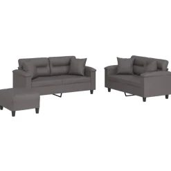 vidaXL 3-tlg. Sofagarnitur mit Kissen Grau Kunstleder