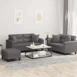 vidaXL 3-tlg. Sofagarnitur mit Kissen Grau Kunstleder