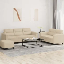 vidaXL 3-tlg. Sofagarnitur mit Kissen Creme Mikrofasergewebe