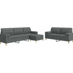 vidaXL 3-tlg. Sofagarnitur mit Fußhocker & Dekokissen Dunkelgrau Stoff