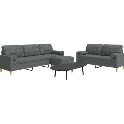 vidaXL 3-tlg. Sofagarnitur mit Fußhocker & Dekokissen Dunkelgrau Stoff