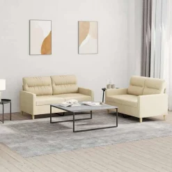 vidaXL 2-tlg. Sofagarnitur mit Kissen Creme Stoff