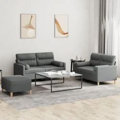 vidaXL 3-tlg. Sofagarnitur mit Kissen Dunkelgrau Stoff