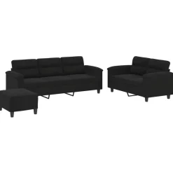 vidaXL 3-tlg. Sofagarnitur mit Kissen Schwarz Mikrofasergewebe