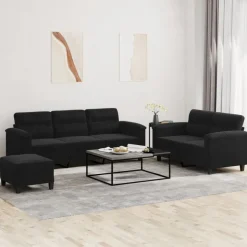 vidaXL 3-tlg. Sofagarnitur mit Kissen Schwarz Mikrofasergewebe