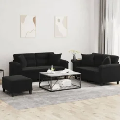 vidaXL 3-tlg. Sofagarnitur mit Kissen Schwarz Mikrofasergewebe
