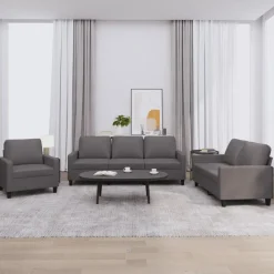 vidaXL 3-tlg. Sofagarnitur mit Kissen Grau Kunstleder