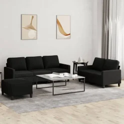 vidaXL 3-tlg. Sofagarnitur mit Kissen Schwarz Stoff